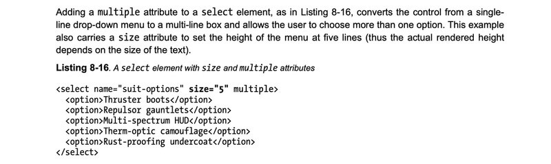 A short excerpt from my book, showing an HTML example for the select element.
