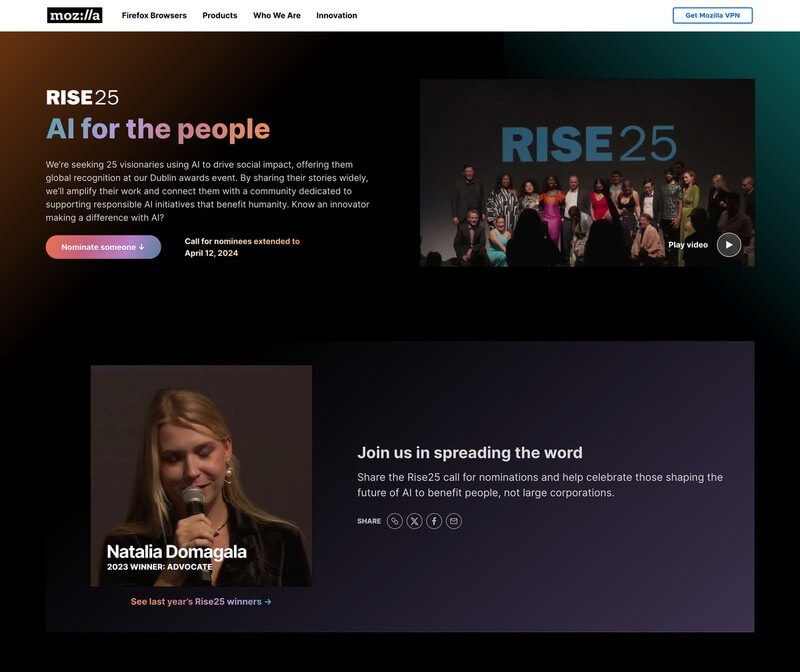 Screenshot of the Rise25 nomination page.