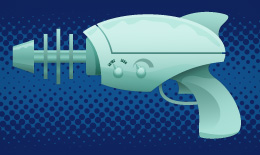 The V900 portable shrink ray is pistol shaped with control dials on one side and a decorative fin on top