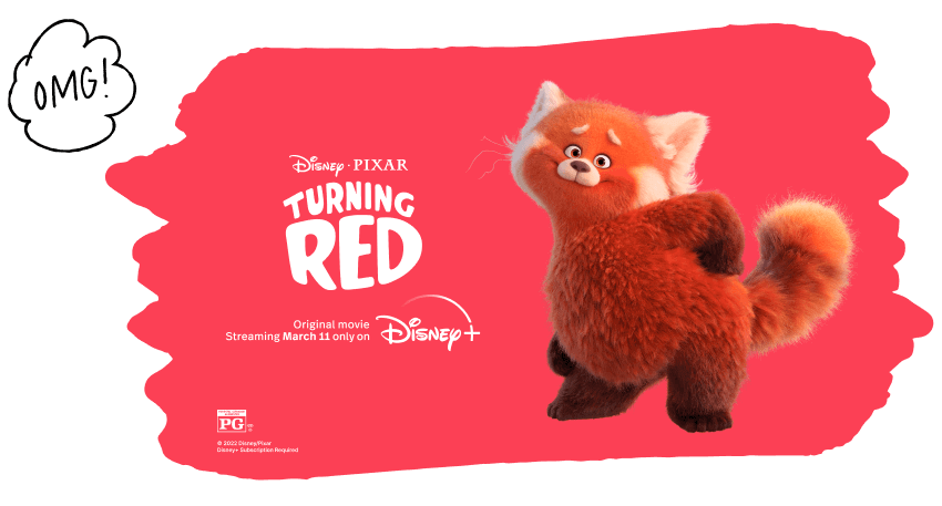 A cute, cartoon red panda is smiling and posing on a red background. She is covered in reddish-orange fur and has a big, bushy tail. This is a character from Disney and Pixar’s Turning Red, an original movie streaming March 11 only on Disney+. Rated PG. Disney+ subscription required.